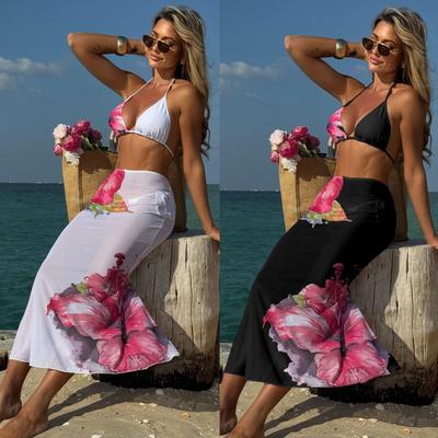2026 Printed Large Flower Three-piece Mesh Dress Sexy Bikini