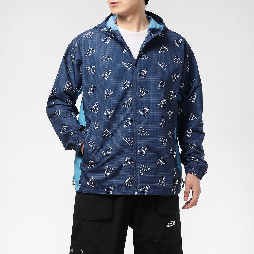 Adidas Full Logo Pattern Breathable Quick-Dry Hooded Jacket Men Jackets Blue GP1826