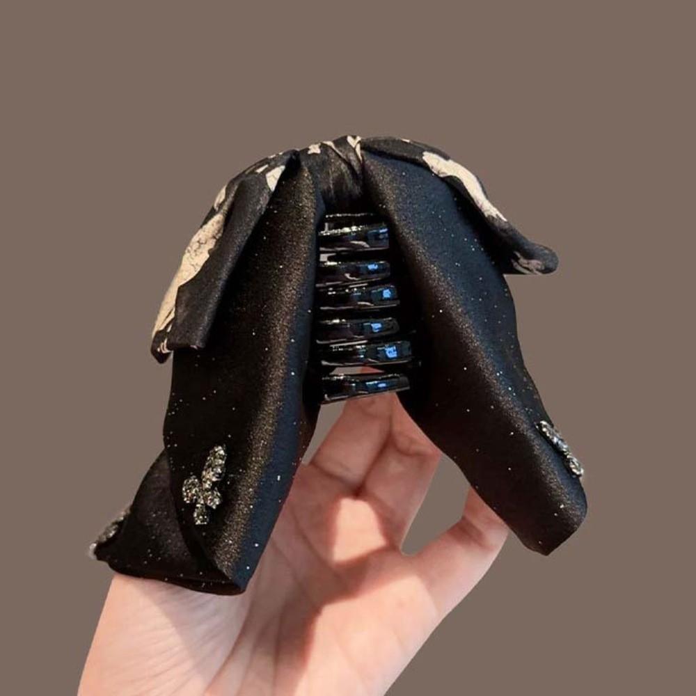 Beads Black Bow Shark Clip French Style Women Sequin Hairgrips Shiny Rhinestone Hair Claw Daily