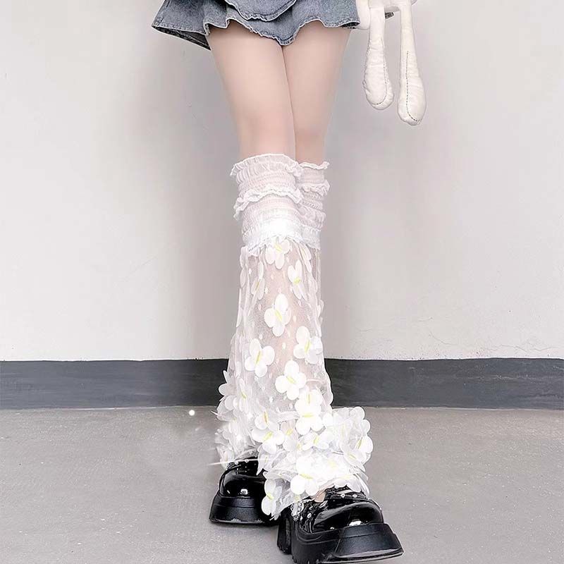 Summer Thin Mesh Floral Slouch Leg Warmers for Women Lolita Sweet Lace Lolita Calf Socks