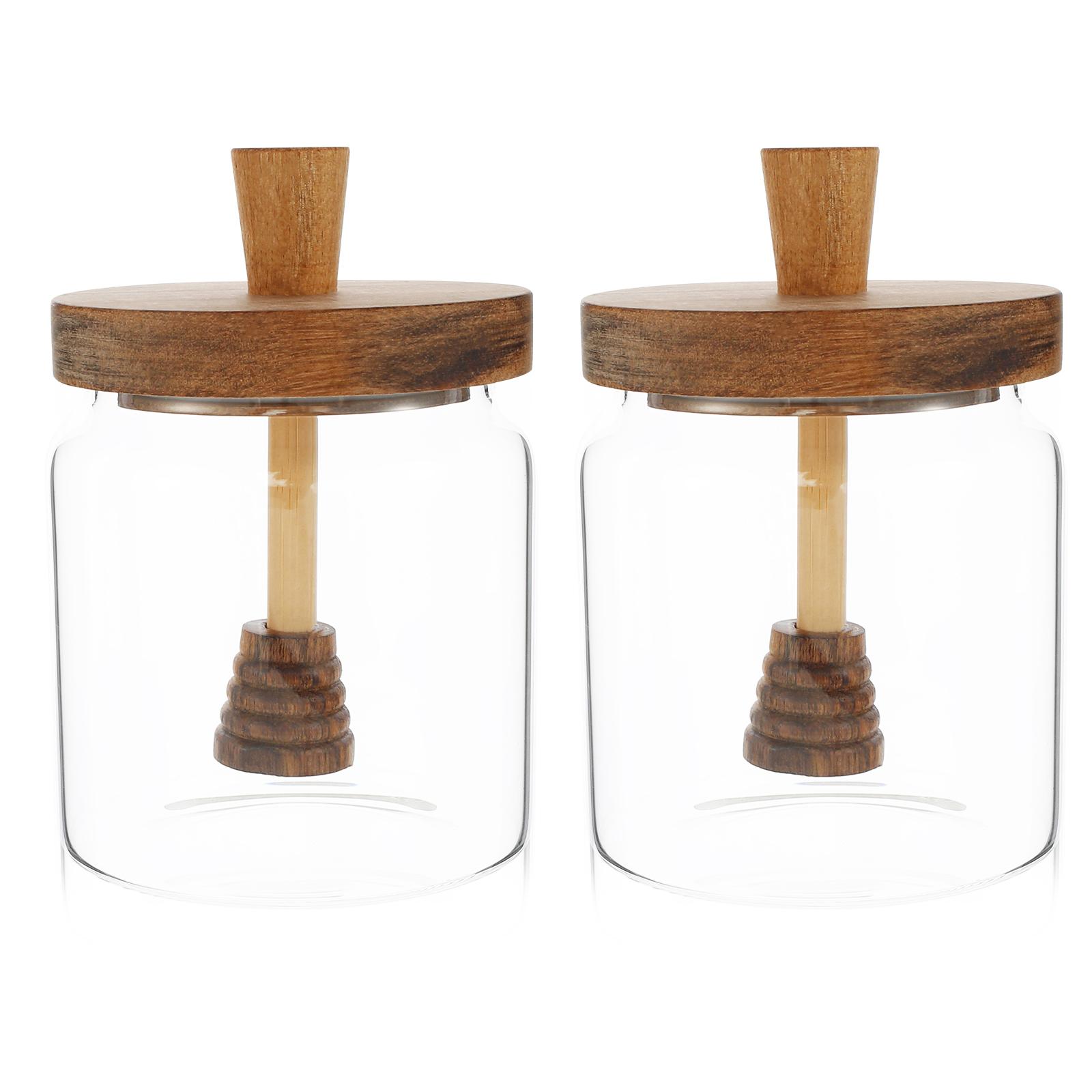 

2Pcs Glass Sealed Honey Jar with Wooden Lid Mixing Rod Wood Dip Sticks Transparent Leakproof Honey Storage Tank Container