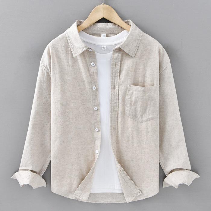 Spring and Summer Cotton and Linen Long-sleeved Shirt for Men Casual Loose Linen Men's Shirt Literary Hemp Material