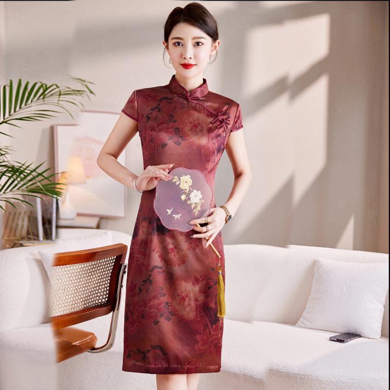 Women's Silk Dress Summer New High-end Luxury Silk Cheongsam Skirt