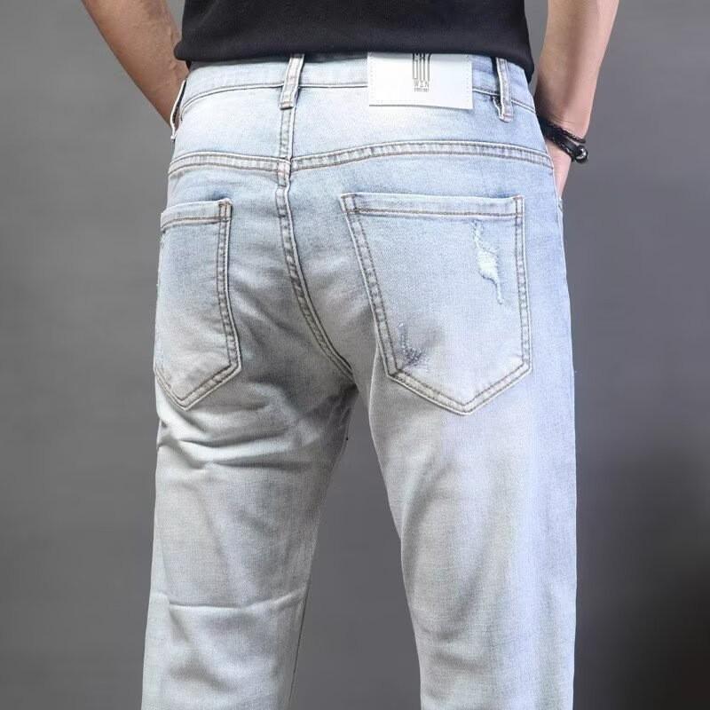 JYL Men's Cropped Jeans Summer Light Ripped Korean Slim Stretch Casual Denim Pants