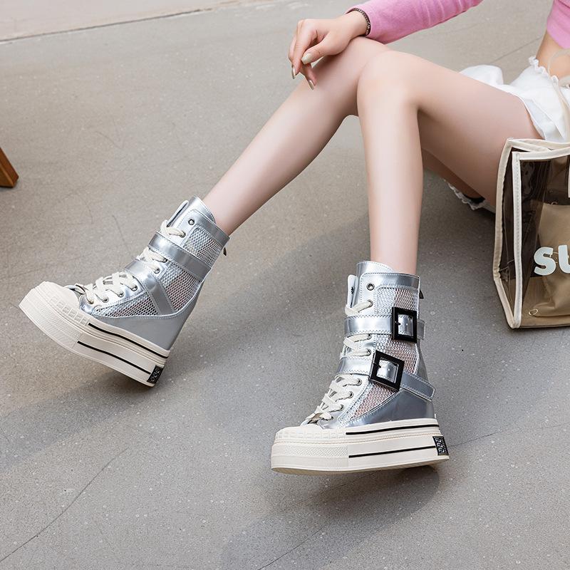 Damen Schuhe mit innerer Erhöhung 12cm 2025 Sommer neue dicksohlige coole Stiefel Gürtelschnalle dicksohlige Mesh-Stiefel atmungsaktive High Heels