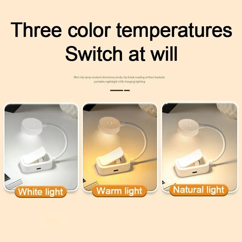 Mini LED Book Light Portable Clip Table Lamp 3 Mode Eye Protection Battery Powered Dimmable Bedside Reading Lamp USB Night Light