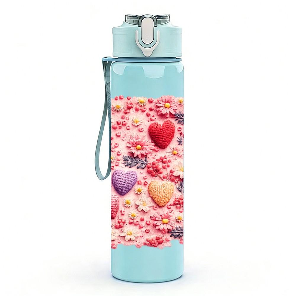 1PC Sweet Pink Heart Berry 750ml Color Plastic Sports Water Bottle Leakproof Flip Straw Lid Suitable for Sports Office Home Use