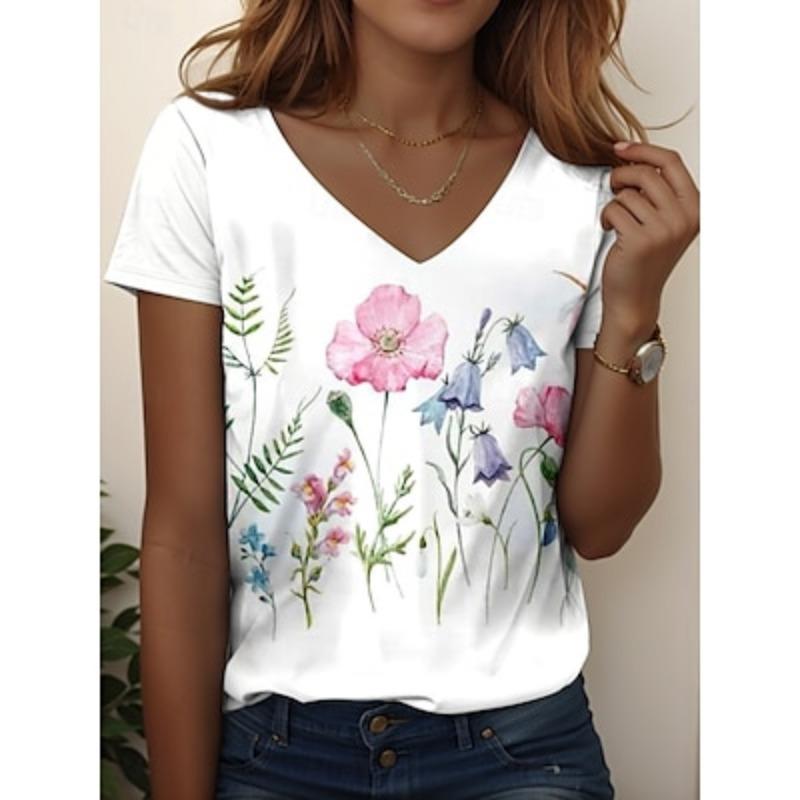 Women's T Shirt Floral Graphic Plants Casual Short Sleeve V Neck Regular Tops Daily Going Out Weekend Print Summer Spring