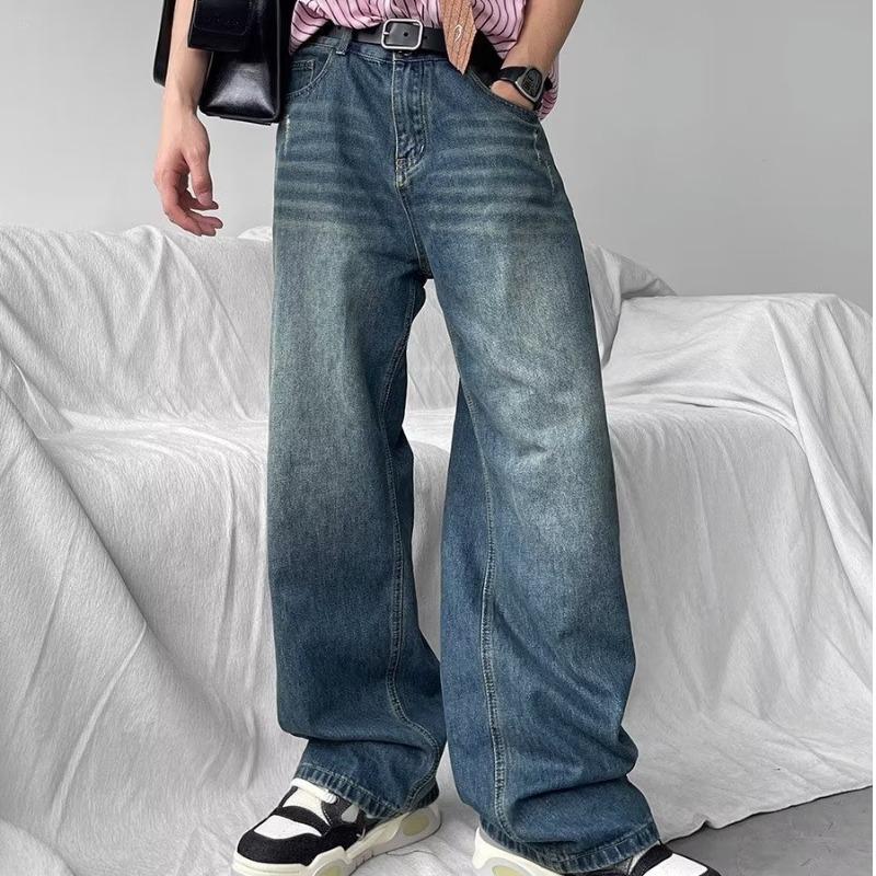 

Мужские ретро вываренные джинсы с потертостями, корейские трендовые уличные свободные прямые повседневные брюки L синий