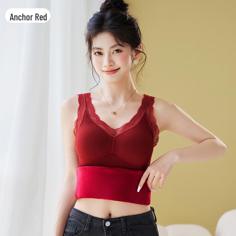 Women's Fleece-Lined Lace Camisole, Slim Fit Vest with Chest Pads.