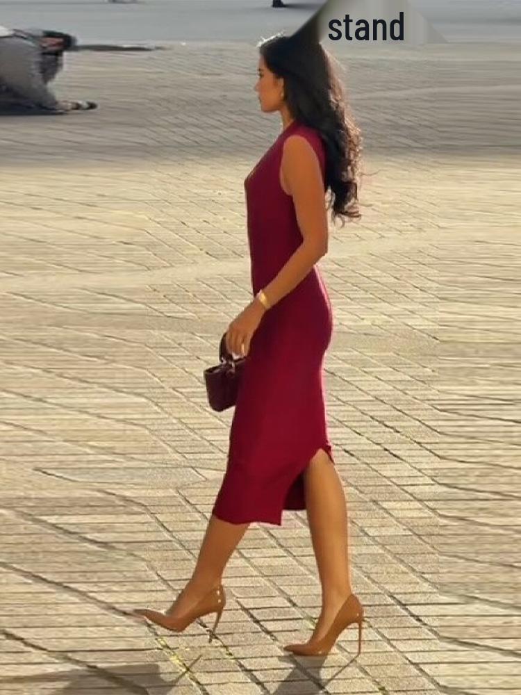 Europese & Amerikaanse Dames 2026 Herfst/Winter Sexy Midi Bodycon Jurk met Rits aan de Achterkant