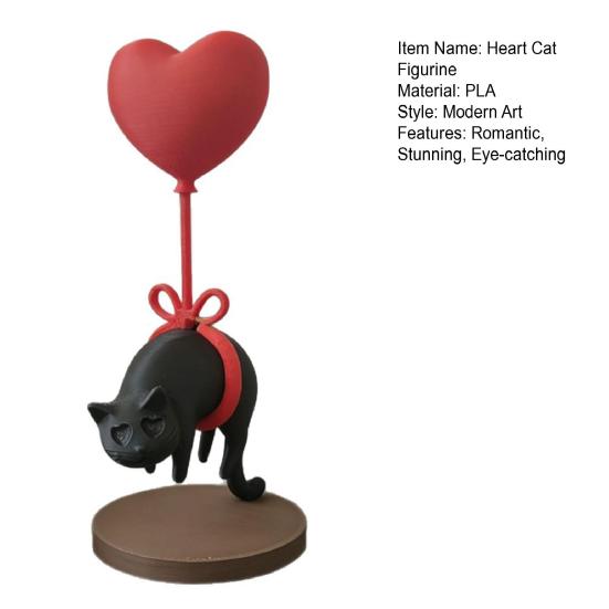 Cute Cat with Red Heart Balloon Figurine 3D Printed Romantic Love Heart Kitten Statue for Desk Shelf Decor Gifts for Cat Lovers
