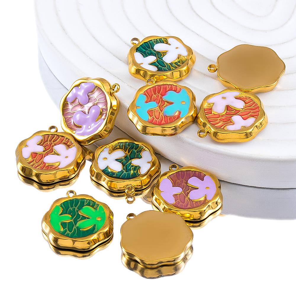 2pcs Stainless Steel Gold Plated Enamel Flower Rose Heart Moon Bracelet Charm for DIY Necklace Earring Component Jewelry Making