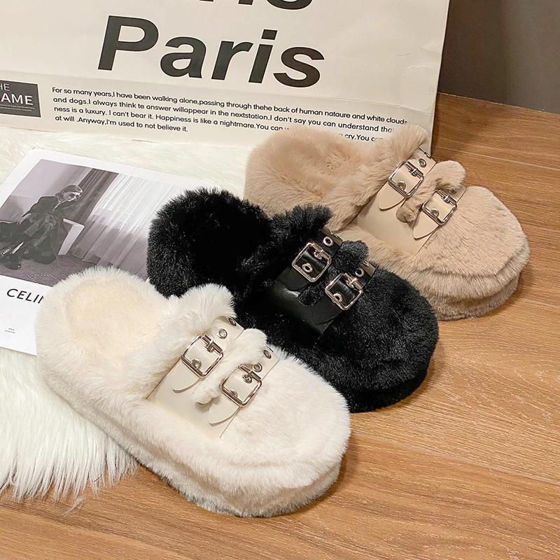 Fashion 2024 New Plush Baotou Slippers Fairy Style Outerwear Fashion Buckle Thick Sole Warm Women's Shoes Casual Tenis De Mujer