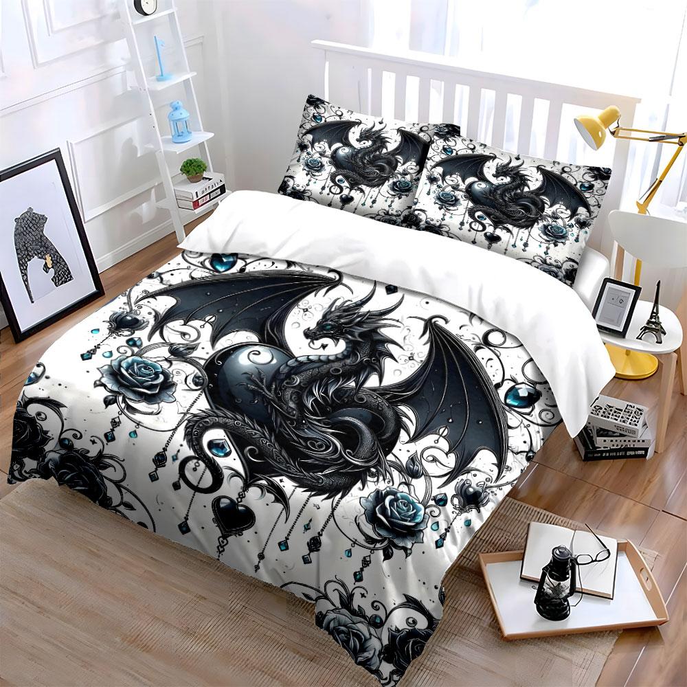 "Dragon Rose Gothic Art Decor" Soft Skin-Friendly Bedding Set Includes 1 Duvet Cover And 2 Pillowcase Gift