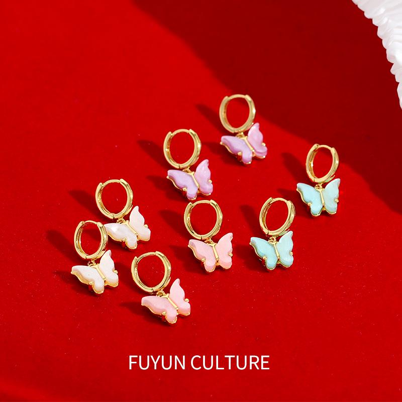 Colorful Resin Butterfly Earrings - European/American Women's Korean Style
