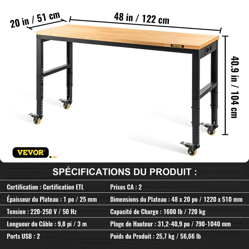 Werkbank höhenverstellbar, 122cm B X 51cm T X 104cm H Garagentisch mit 79 – 104 cm Höhen & 720KG Tragfähigkeit, mit Steckdosen & Hartholzplatte &