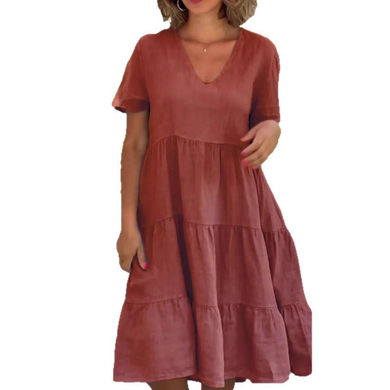 Fresh & Sweet V-Neck Solid Color Swing Short Dress for Women
