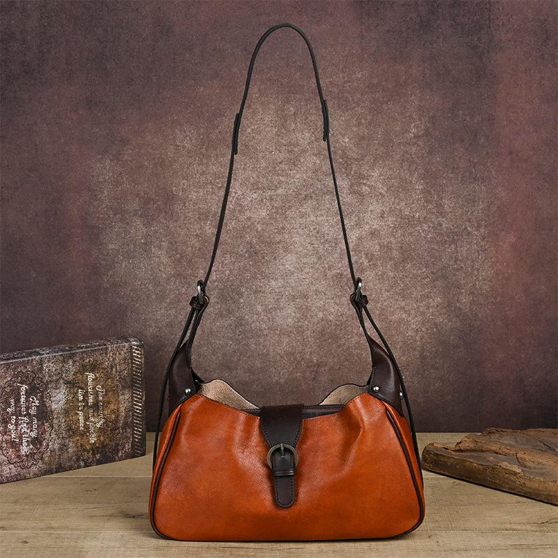 Johnature Genuine Leather Retro Women's Bag Solid Color Soft Cowhide Large Capacity Shoulder Crossbody Bag