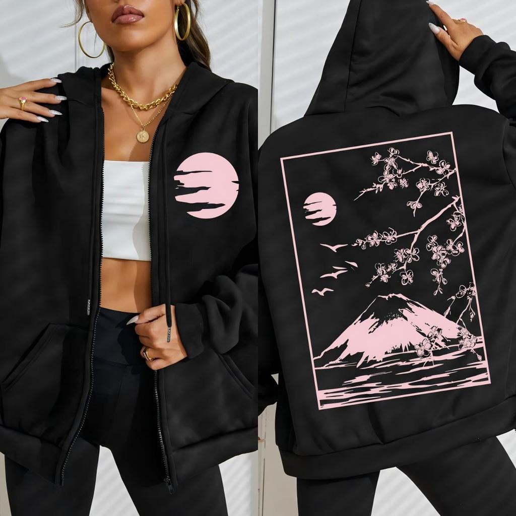 Tokyo Sakura Mount Fuji Business Card Pattern Women Zipper Hoodie Hip Hop Loose Hoody Soft Casual Clothes Fleece Hoodies