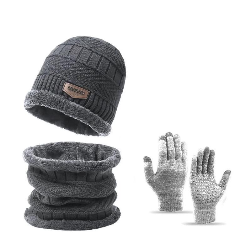 Three Piece Knitted Hat, Winter Warm Hat, Anti Slip Touch Screen Gloves with Thick Woolen Yarn, Scarf Hat
