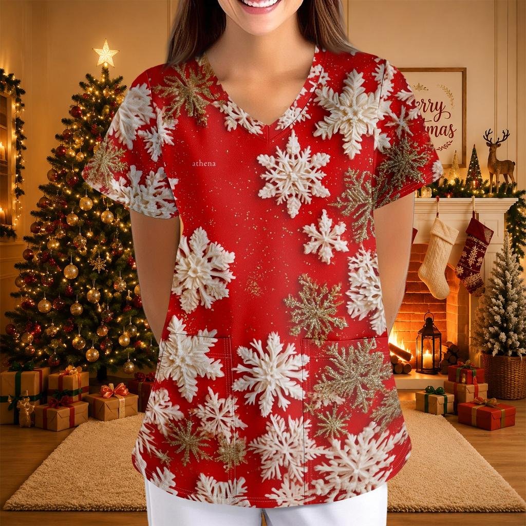 Women's Casual 3/4 Sleeve Neck Christmas Print Top for Holiday Parties
