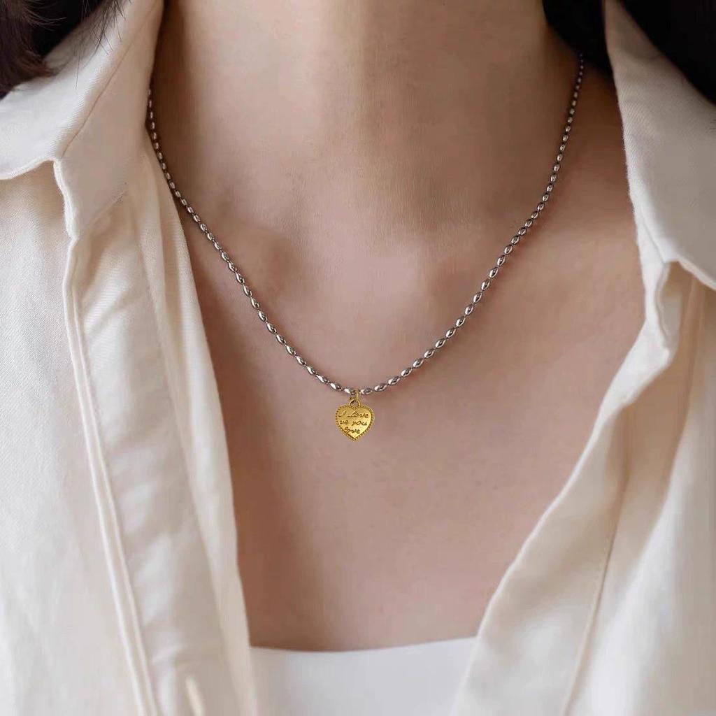 Retro French Titanium Steel Beaded Necklace - Gold & Silver Heart Clavicle Chain