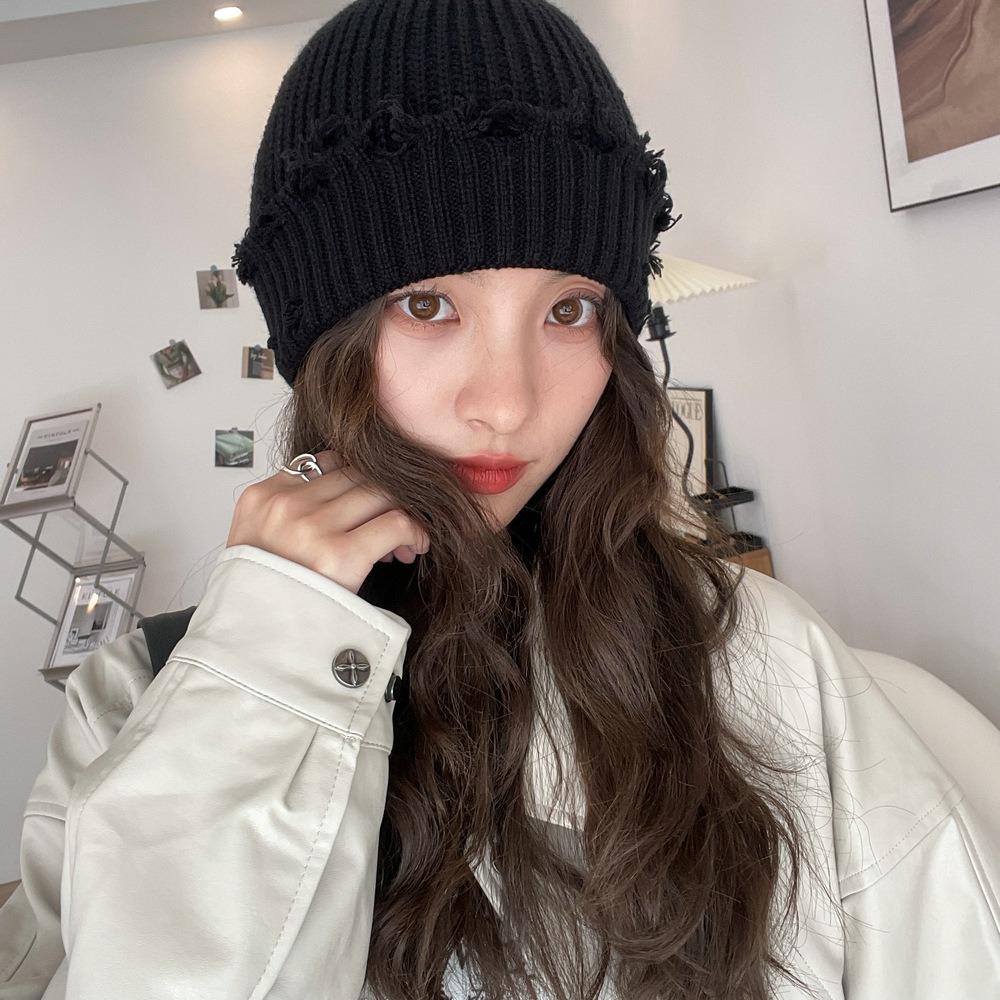 Solid Color Knitted Hat Dilapidated Hole Hip-Hop Hat New Beanie Cap Women Men