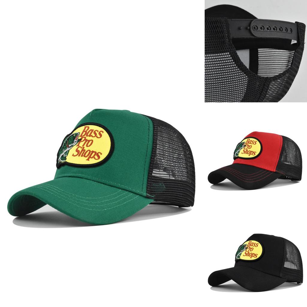 Bass Embroidered Duck Tongue Cap Fishing Embroidered Mesh Baseball Cap Embroidered Curved Brim Cap Summer Sunshade Mesh Cap