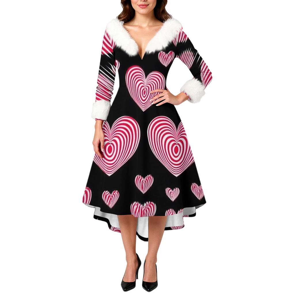 Damen stilvolles und elegantes langärmeliges V-Ausschnitt Kleid mit Valentinstags-Herzprint
