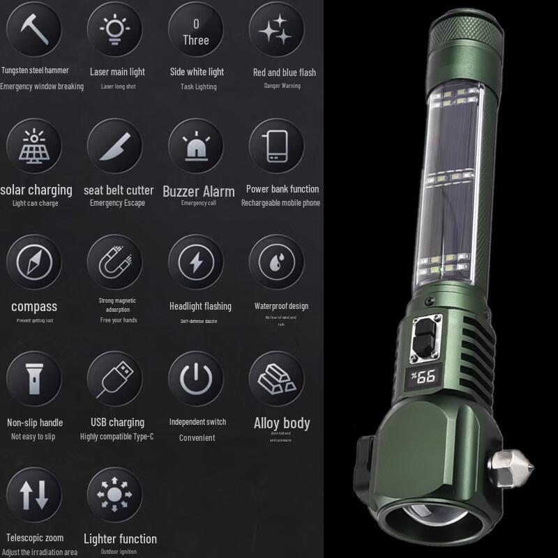 Multi-functional Rechargeable Safety Hammer Flashlight