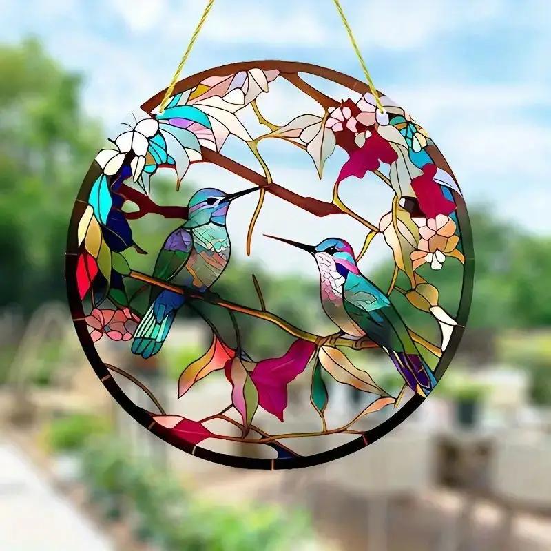 NEW Acrylic Painted Hummingbird Pendant Bird Floral Pattern Suncatcher Round Wreath Porch Window Outdoor Patio Hanging Ornaments