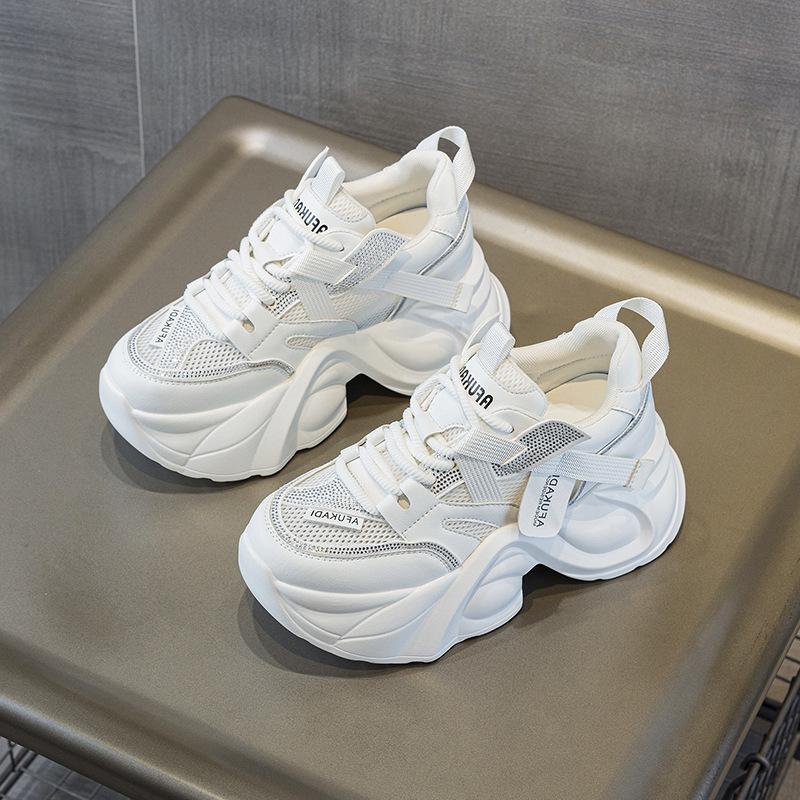 2025 summer new platform dad shoes women's rhinestone lace-up mesh shoes versatile heel high casual height increase and thin women's shoes