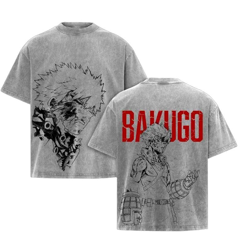 Bakugou Katsuki My Hero Academia T-shirt Men Clothing Manga Graphic Short Sleeve Tops Vintage Washed Oversized Cotton T Shirt XXL серый