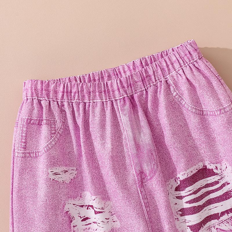 Teenagers Children Set 2025 Autumn New Girls Ripped Jeans Long Sleeve Striped Shirt Pink Hip-Hop Style Two-Piece Set