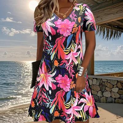 Summer Fashion Women's V Neck Short Sleeve Retro Flower Printed  Dress Sex Short Skirt Dresses
