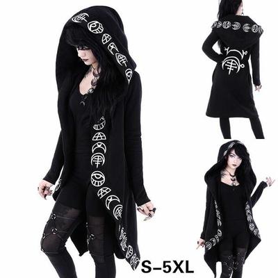 Women Fashion Gothic Coat Fashion Style Punk Long Sleeve Black Hoodies Witch Moon Print Loose Hood Casual Thin Sweatshirt