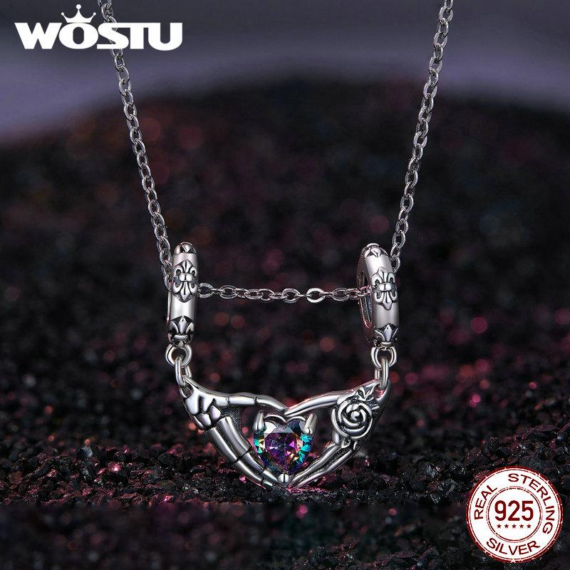 WOSTU 925 Sterling Silver Halloween Gift Skull & Heart Pendant Luminous Witch Charms Evil Eye Candy Beads Fit Bracelet DIY Neckace