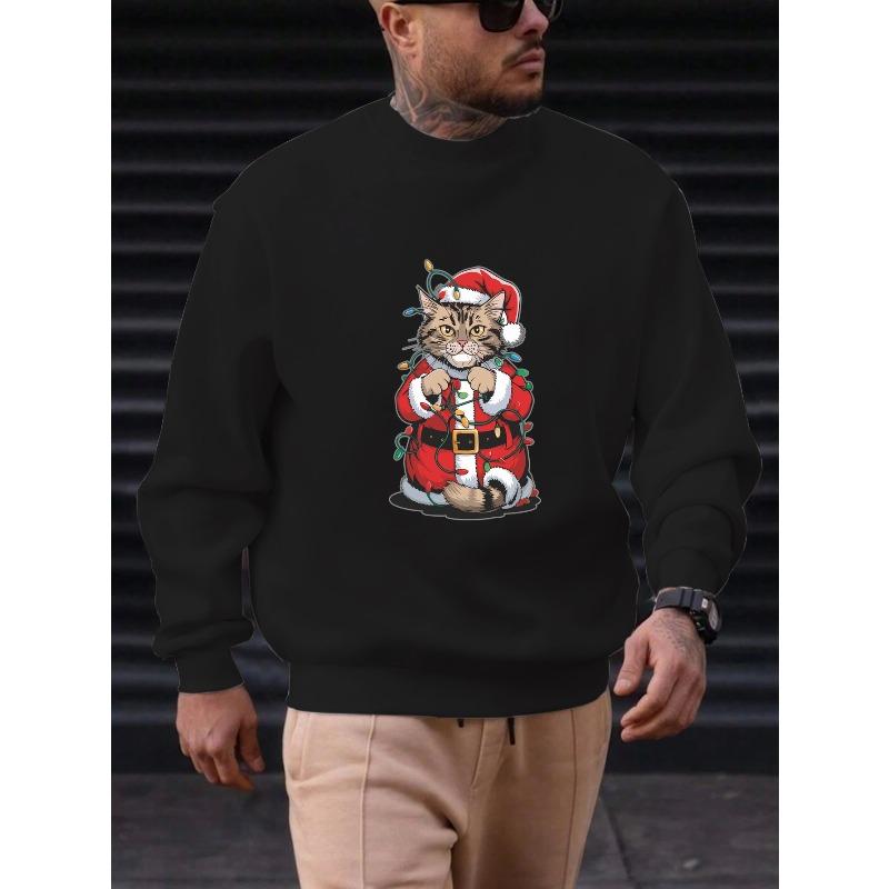 Men'S Casual Round-Neck Sweatshirt with Christmas Cat Design 100% Cotton Printed Long-Sleeve Crew Neck Pullover