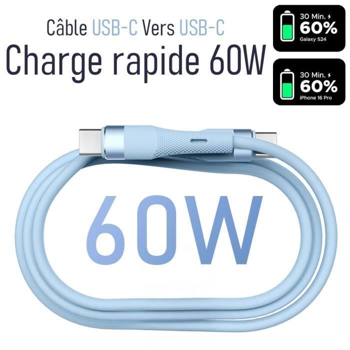 3x Câble USB-C vers USB-C 60W pour Samsung Galaxy A16 A36 A15 A14 A25 A35 A55 A54 A05s - Bleu 1M