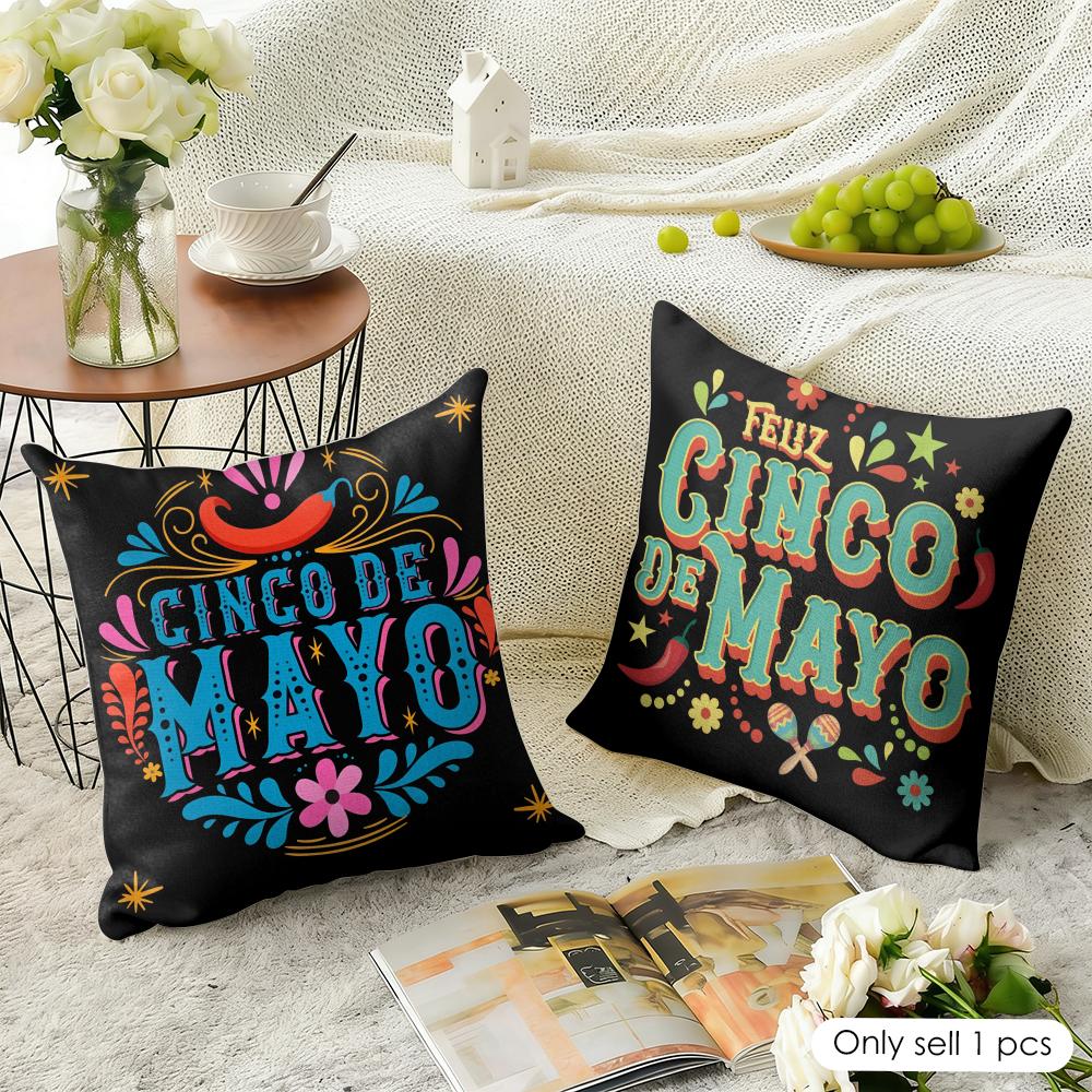 Cinco De Mayo Cushion Cover Natural Linen Organic Fabric Double-Sided Printing Sofa Home Decor Gift Pillow Cover