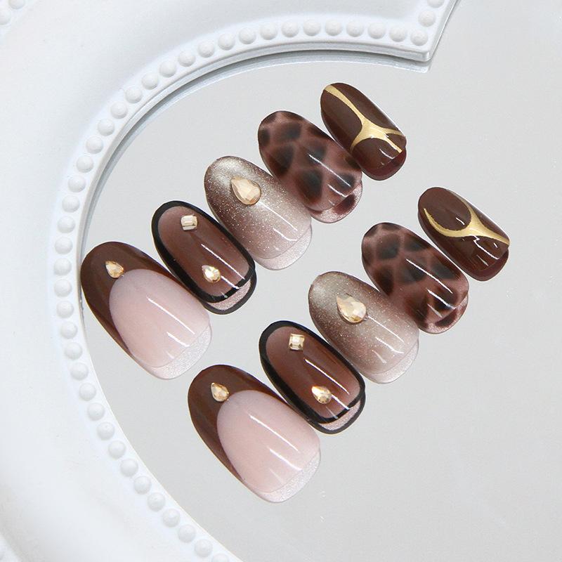 Bright gold-brown shining diamond French cat cat eye temperament white European and American style removable manicure 30 pieces