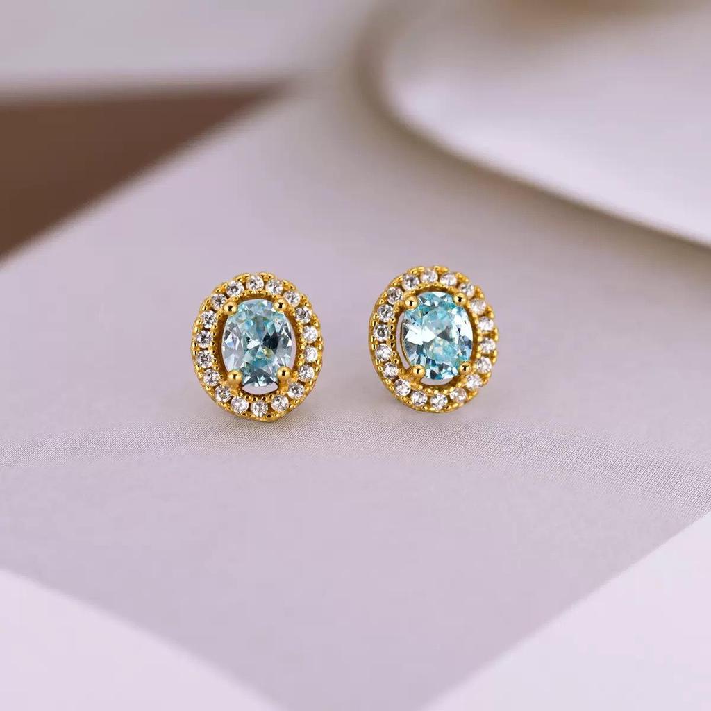 S925 Sterling Silver Oval Aquamarine Stud Earrings - Classic, Sparkly, and High-End