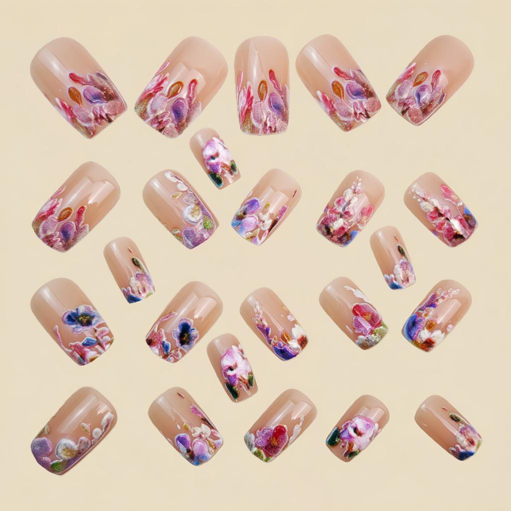 24pcs/Set Square Spring/Summer Colorful Embossed Floral Fake Nail,For Girls Ladies, Parties, Dates, Daily Wear Press On Nails Nail Supplies