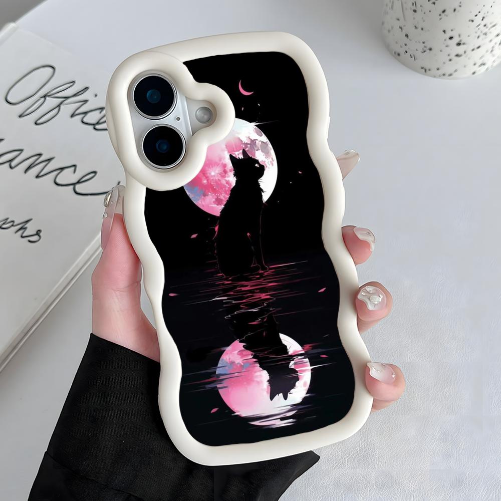 Luna Moon Cat Mobile Phone Case for iPhone 17 16 15 14 13 12 11 Air Pro Max Plus Wavy Edge TPU Colorful Cover Pretty Smartphone