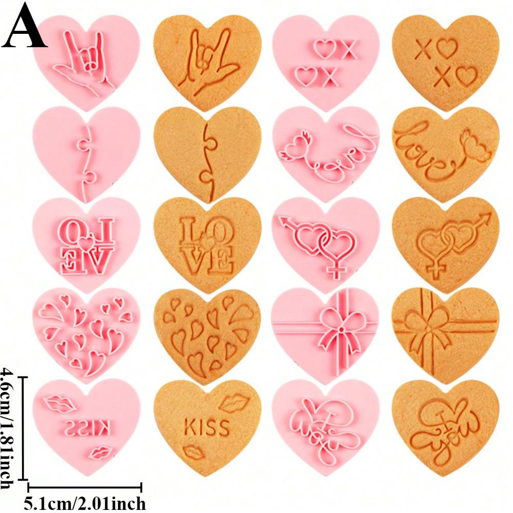 Valentine's Day Heart Cookie Cutters 3D Embosser Set for DIY Cartoon Biscuit Molds Pressable Cookie Stamps Pastry Bakeware