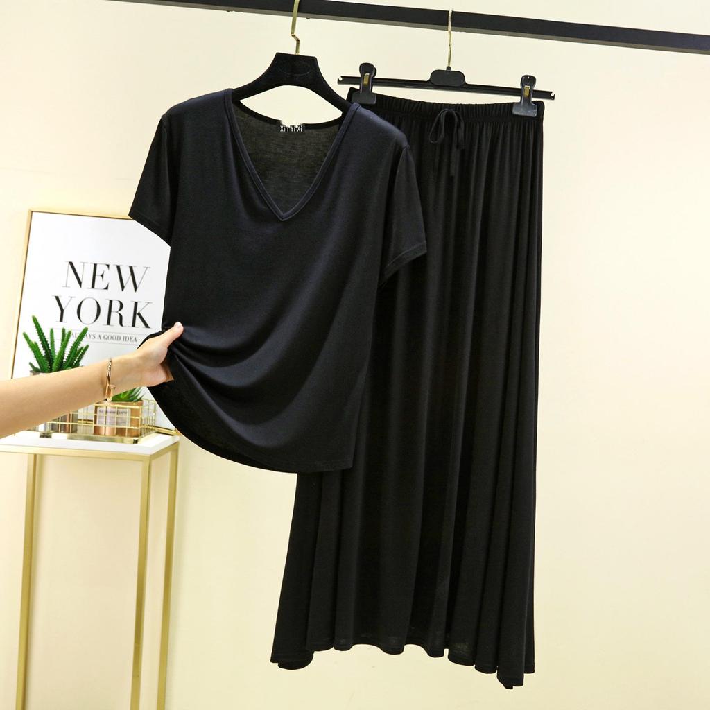 Modal V-Neck Short-Sleeve Midi Skirt Set: Women's Plus Size Korean-Style Casual Two-Piece Outfit