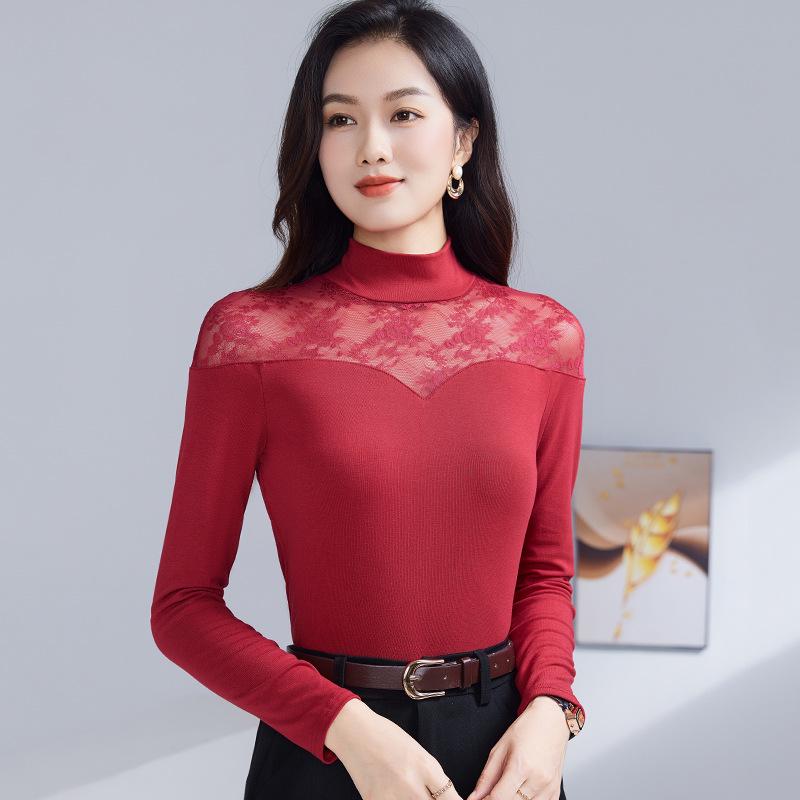 Damen Vielseitiges Spitzen-Patchwork Stretch-Baumwoll Langarm-Top