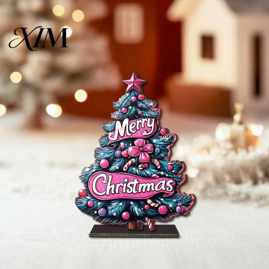 Unique Holiday Tree Ornaments 2D Wooden Christmas Tabletop Ornaments, Xmas Santa Colorful Room Snowman Sign with Stand, Party Decorations Festive