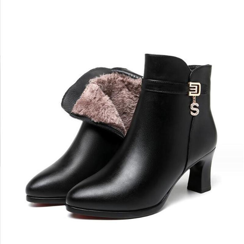 Fashion Winter Women Genuine Leather Ankle Boots Female Thick Plush Warm Snow Boots Mother Non-slip Booties Women High Heel Shoe